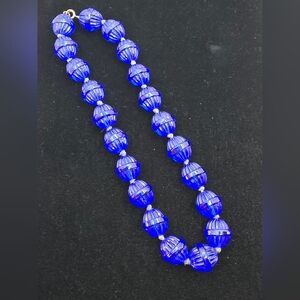 Vintage Cobalt Blue Molded Glass Melon/Lantern Bead Necklace 15 Inch